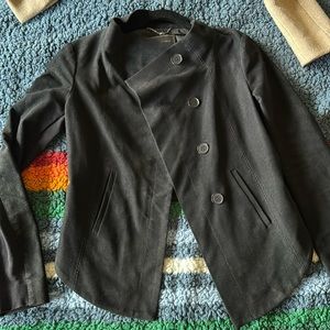 BCBG asymmetrical suede cropped black jacket size small.